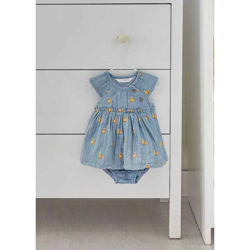 Mayoral vestito copri pannolino neonata in denim azzurro con ricami anatroccolo maniche corte e body integrato