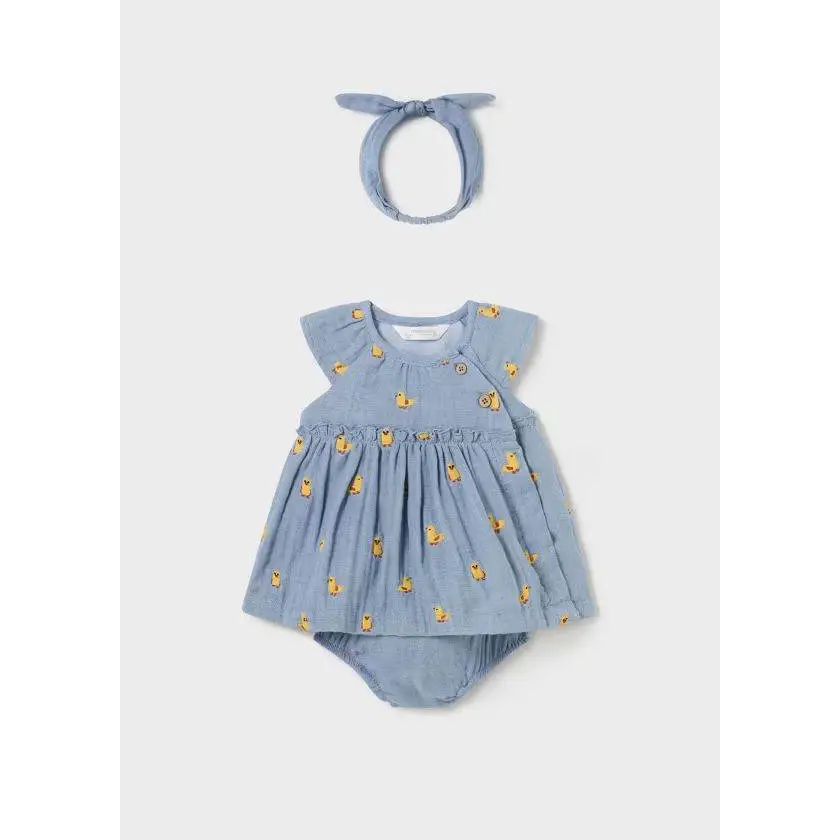 Mayoral vestito copri pannolino neonata azzurro con stampa paperelle e fascia coordinata ideale per estate