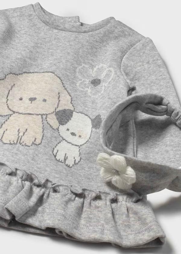 Vestito maglia grigio con cagnolini, fascia inclusa bambina. Mayoral vestito in maglia con volant e cerchietto