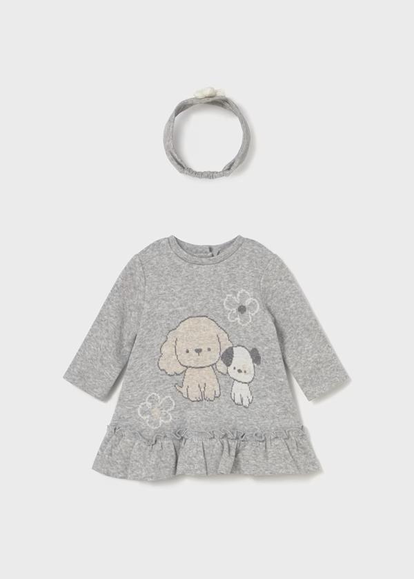 Vestito maglia grigio con cagnolini, fascia inclusa bambina. Maglia a maniche lunghe con volant e stampa cuccioli