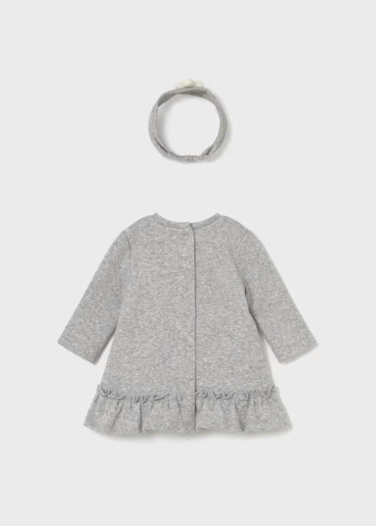 Vestito maglia grigio con cagnolini, fascia inclusa bambina. Vestito Mayoral in maglia grigia con maniche lunghe e balza