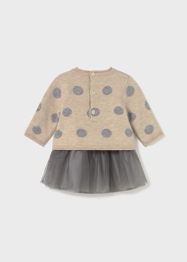 Mayoral vestito neonato con gonna in tulle beige con maglione a pois grigio e bottoni posteriori