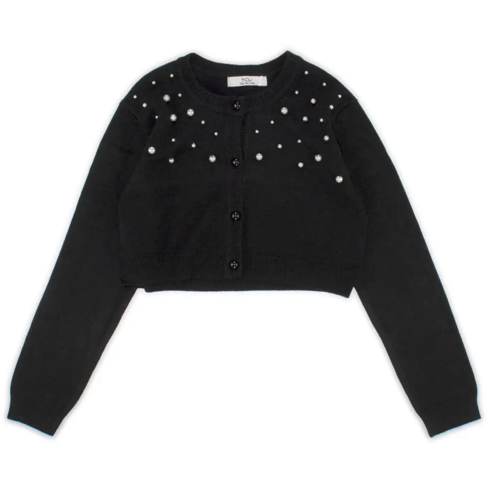 cardigan corto nero bambina con perle decorative scollo rotondo maniche lunghe e bottoni