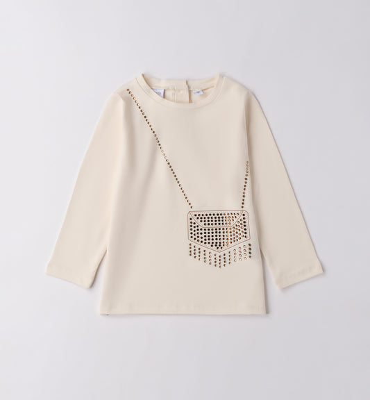 Sarabanda maglietta beige bambina maniche lunghe con stampa borsa e borchie a catena collo rotondo