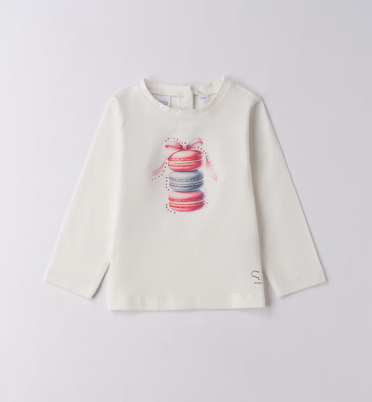 Sarabanda maglietta bambina bianca maniche lunghe con stampa macarons colorati e scollo rotondo in cotone