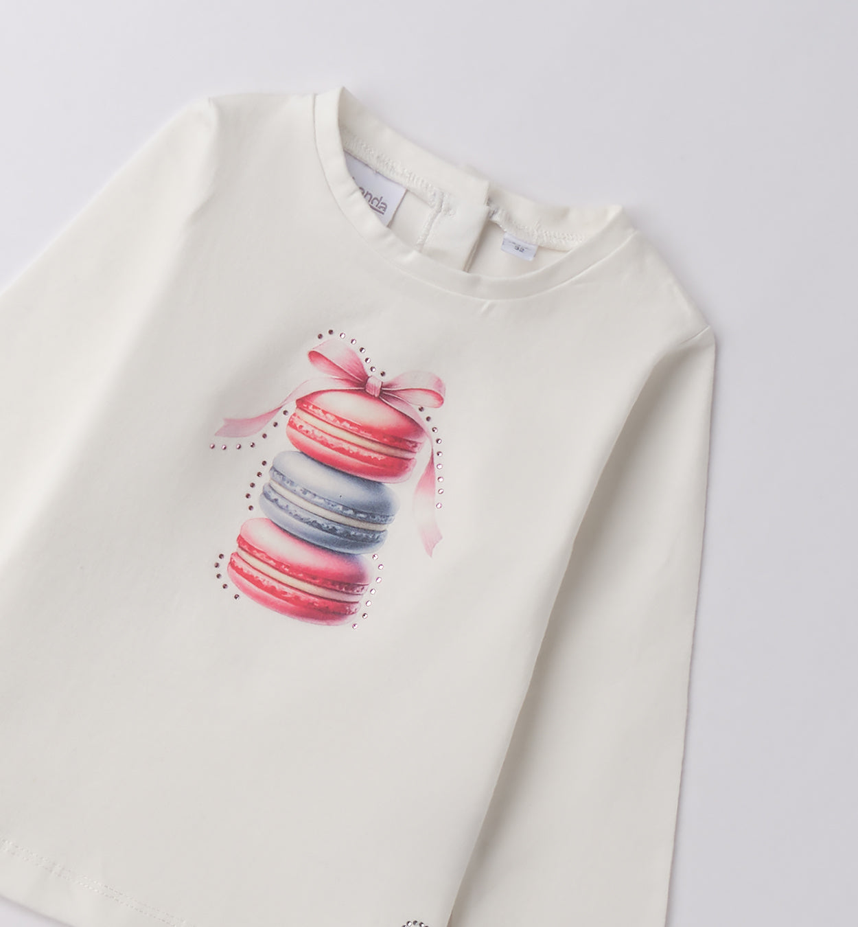 maglietta bambina bianca maniche lunghe Sarabanda con stampa macarons rosa e azzurro e fiocco decorativo