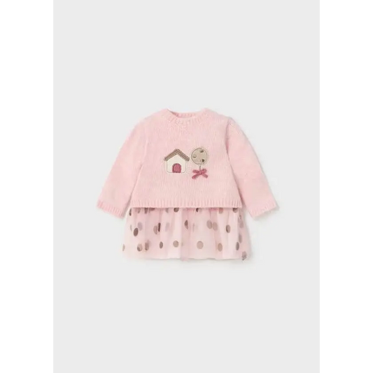 Mayoral vestito neonata tricot e tulle pois rosa con maglia tricot morbida maniche lunghe e gonna a pois