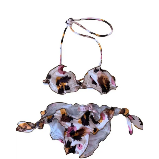 Bikini per ragazza Paris Hilton con stampa floreale e dettagli arricciati in colori rosa e marrone