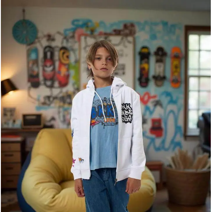 Felpa street art limited edition bambino Bikkembergs bianca con zip indossata da bambino in ambiente urban