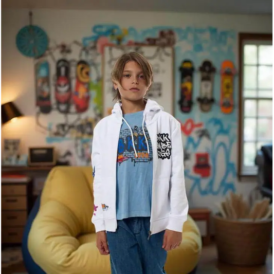 Felpa street art limited edition bambino Bikkembergs bianca con zip indossata da bambino in ambiente urban