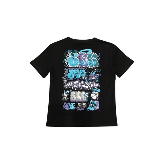 maglietta Bikkembergs ragazzo manica corta nera vista posteriore con grande stampa graffiti azzurro e bianco