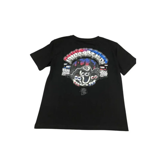 maglietta cotone ragazzo Bikkembergs nera con grande stampa grafica colorata sul retro in stile cartoon