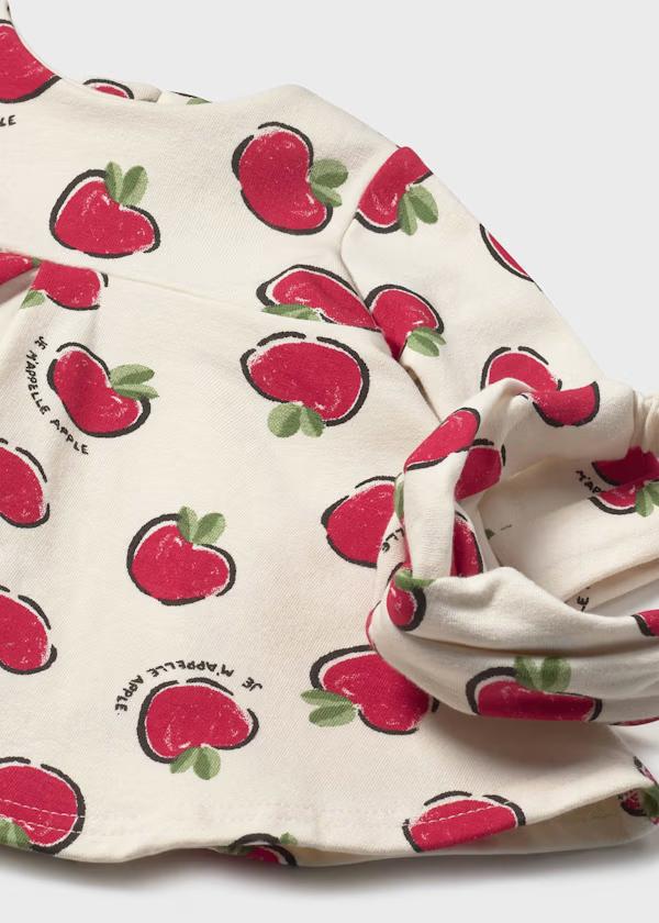 Vestito Bambina Mela con Fascia, Cotone per bambina. Vestito Mayoral in cotone panna con stampa mele rosse e fascia coordinata