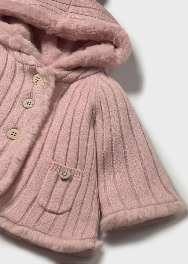 Mayoral Giacca in maglia con pellicciotto rosa bambina con cappuccio bottoni e taschino