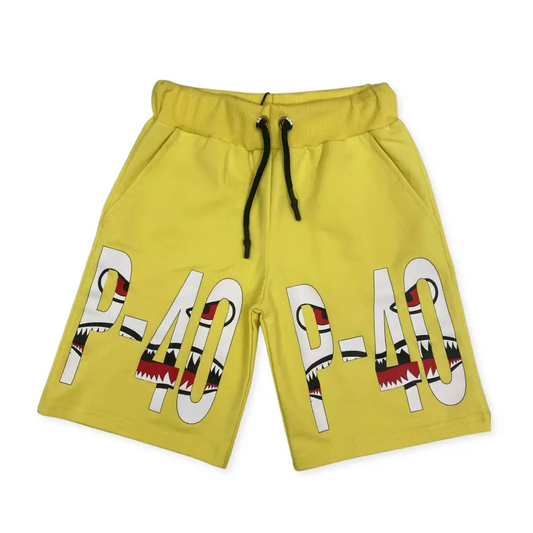 pantaloncini bambino P-40 stampati gialli con coulisse nera vita elastica tasche e logo a denti