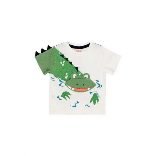Maglietta bambino manica corta Boboli bianca con stampa coccodrillo verde e dettagli neri