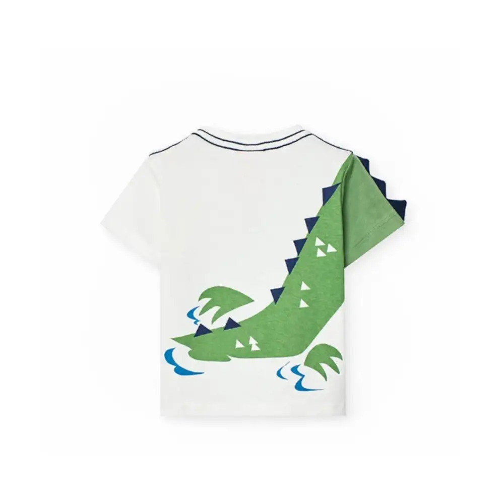 Maglietta bambino manica corta Boboli bianca con stampa coccodrillo verde e dettagli 3D