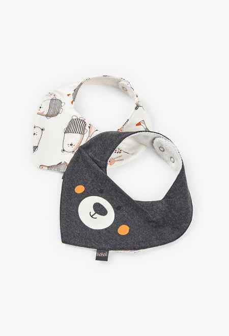 Set di due bavaglini per neonato a maglia con animali firmati Boboli, uno con orso e uno con disegni chiari