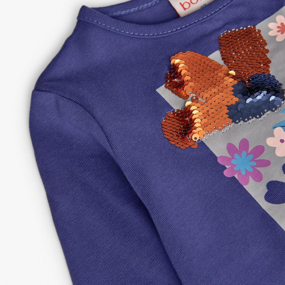 Maglia bambina stampa floreale viola Boboli con dettagli a paillettes arancioni e blu