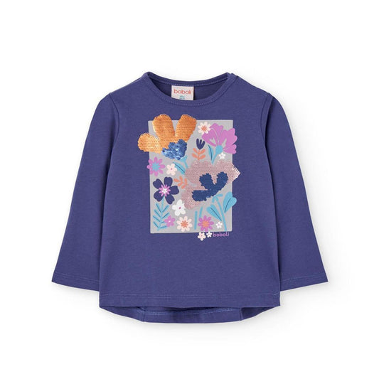 Maglia bambina stampa floreale viola Boboli con fiori colorati e paillettes sul davanti