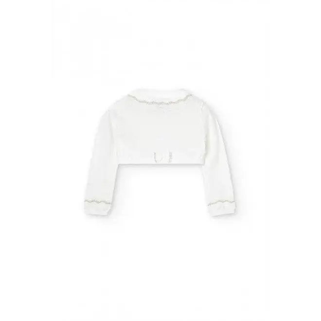 bolero maglieria bambina panna Boboli in cotone con maniche lunghe orlo smerlato e fiocchetto decorativo