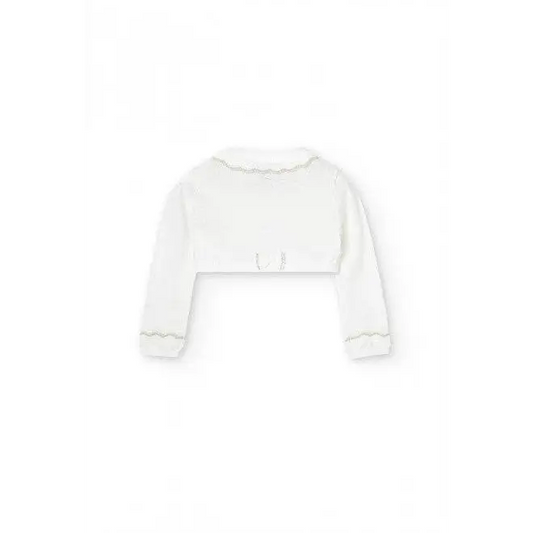 bolero maglieria bambina panna Boboli in cotone con maniche lunghe orlo smerlato e fiocchetto decorativo