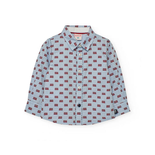 Camicia oxford manica lunga per bambini Boboli azzurra con stampa autobus rossa