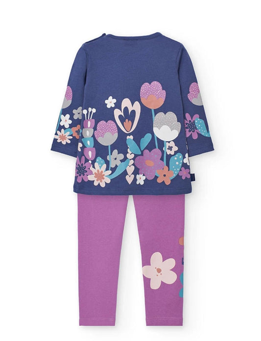 completo bambina fiori lilla Boboli con maglia a maniche lunghe blu con stampa floreale e leggings lilla con fiore laterale