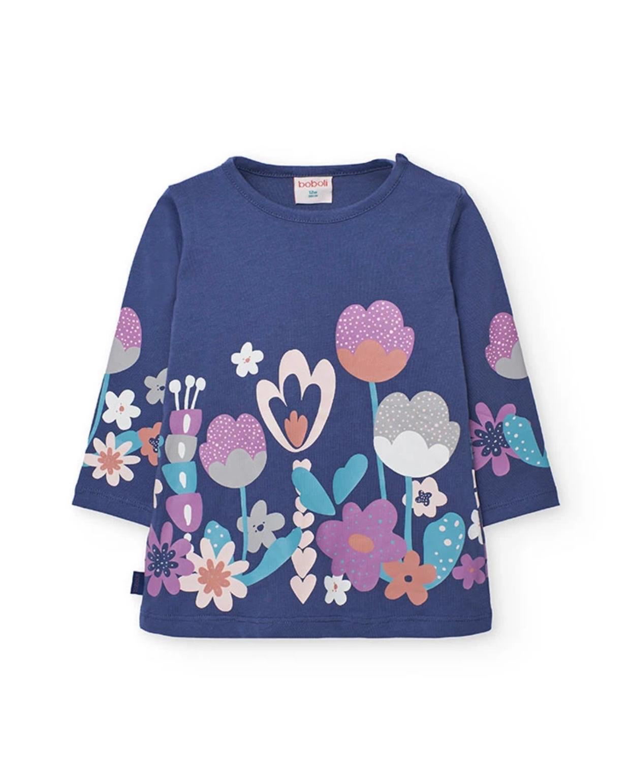 completo bambina fiori lilla Boboli maglia maniche lunghe blu con stampa floreale multicolore comodo per il gioco