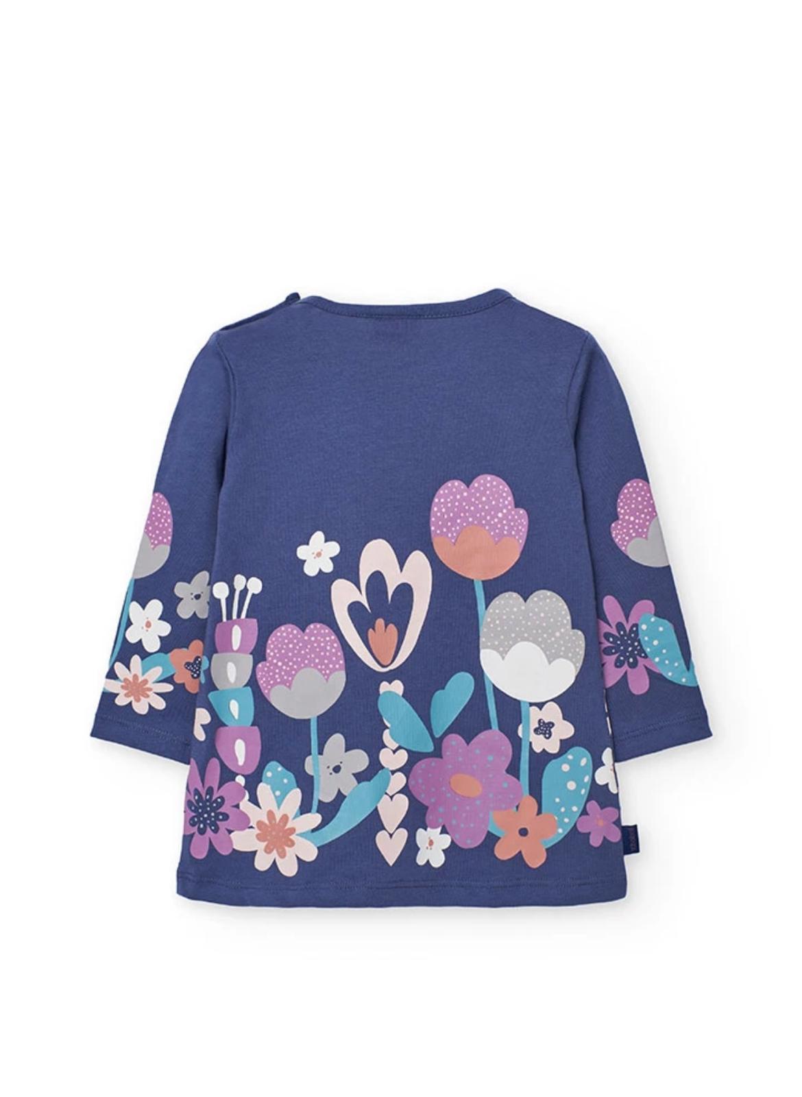 Boboli completo bambina fiori lilla maglia a maniche lunghe blu con stampa floreale rosa lilla e dettagli colorati