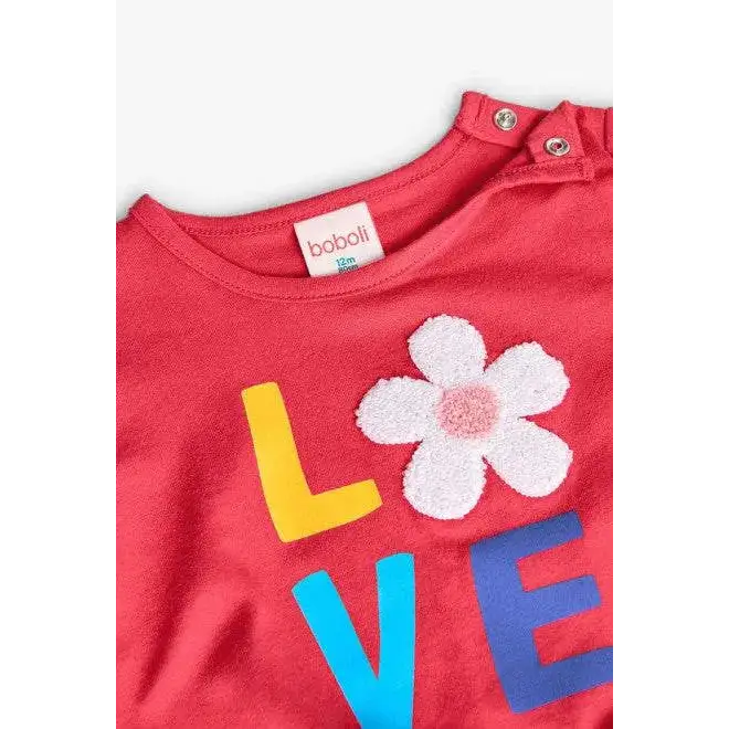 Completo corto bambina estate Boboli maglietta rossa con scritta colorata e fiore bianco