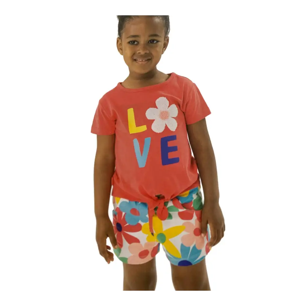 Completo corto bambina estate Boboli con maglietta rossa e pantaloncini colorati a fiori