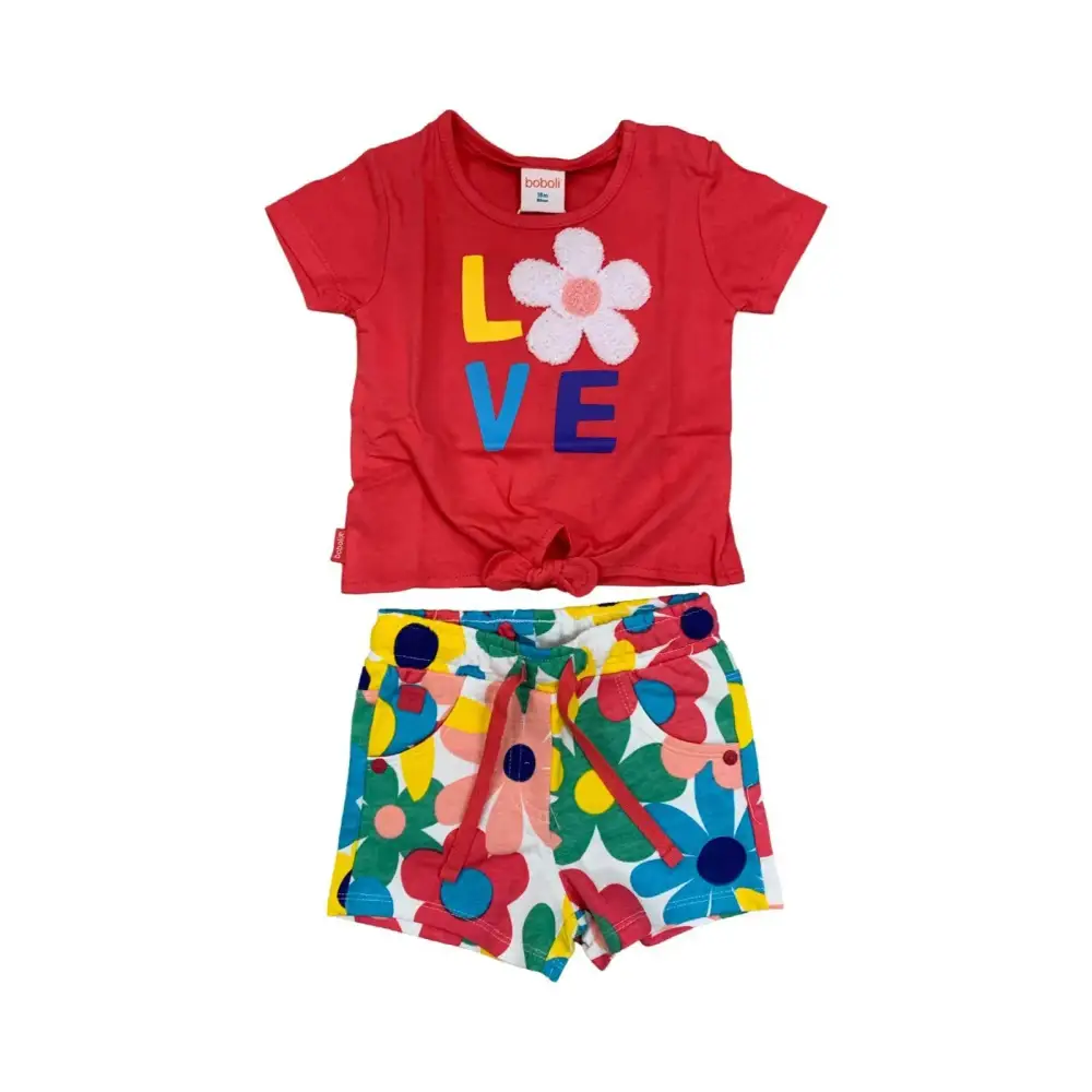 Completo corto bambina estate Boboli con maglietta rossa LOVE e pantaloncini floreali colorati