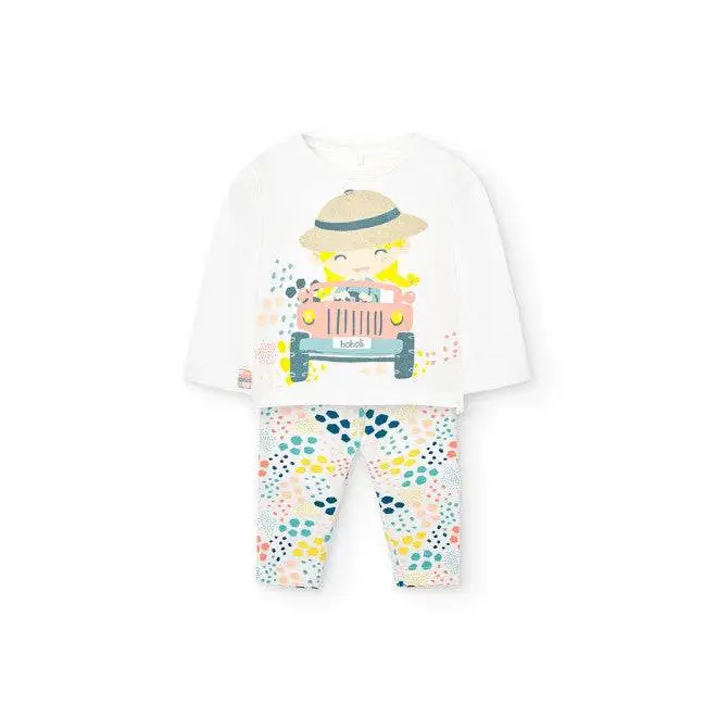Completo leggings neonata Boboli con maglia bianca e pantaloni a pois colorati
