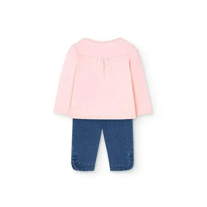 Completo neonata Boboli con maglia rosa a maniche lunghe e pantaloni blu in stile jeans