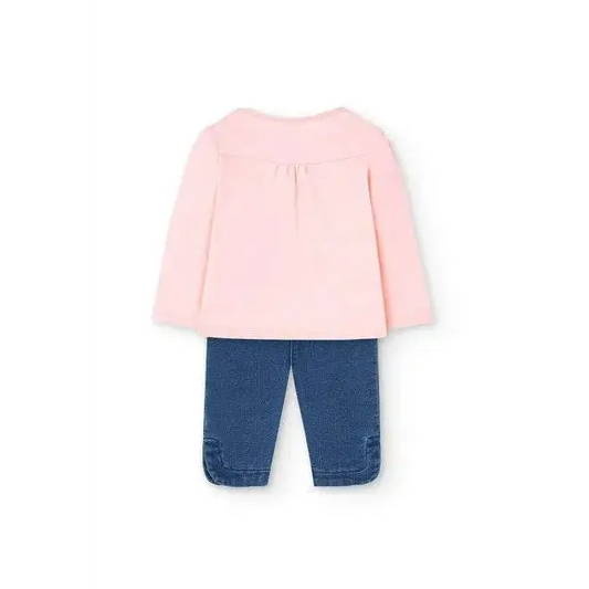 Completo neonata Boboli con maglia rosa a maniche lunghe e pantaloni blu in stile jeans