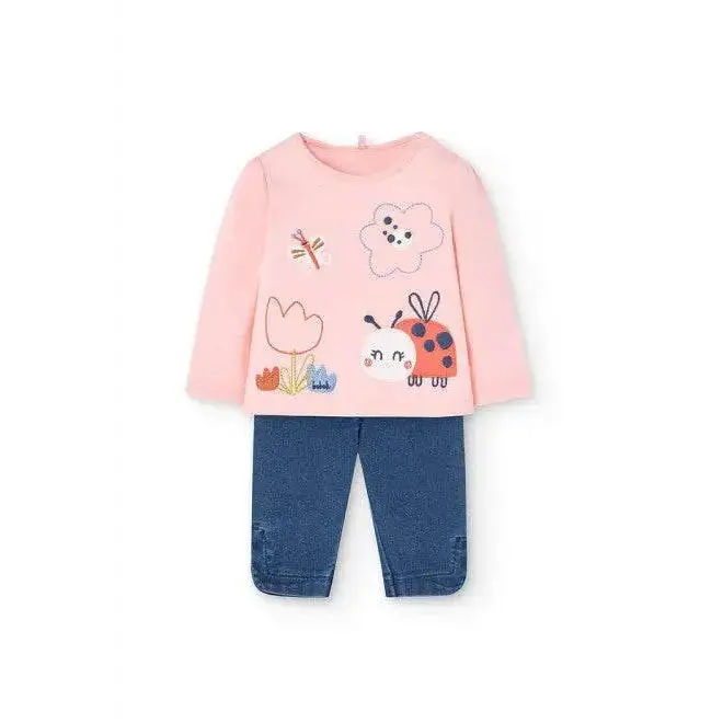 Completo neonata Boboli con maglia rosa e pantaloni blu con disegni animali e fiori