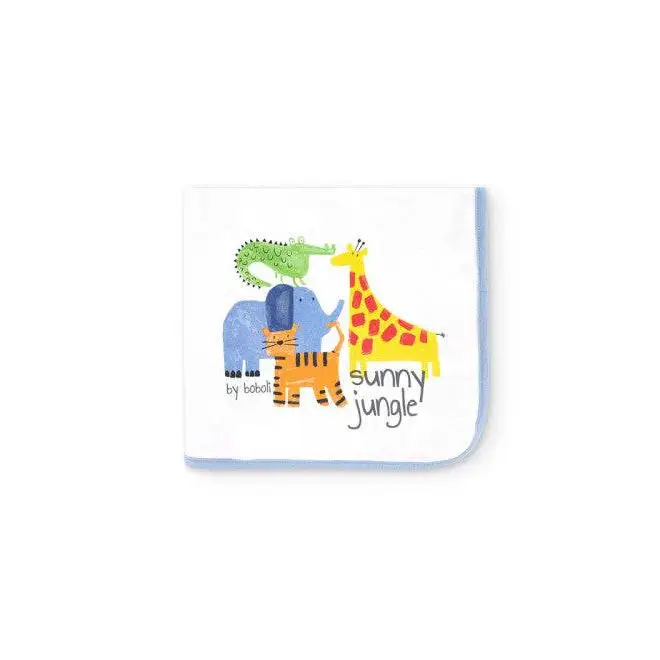 copertina neonato double face Boboli bianca con bordino azzurro e stampa animali della giungla sunny jungle
