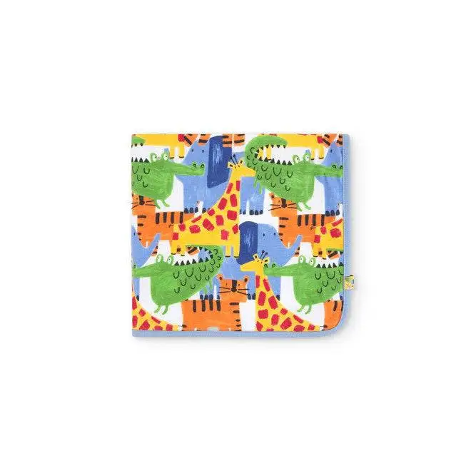 copertina neonato double face Boboli con stampa colorata di giraffe coccodrilli ed elefanti reversibile morbidissima per passeggino
