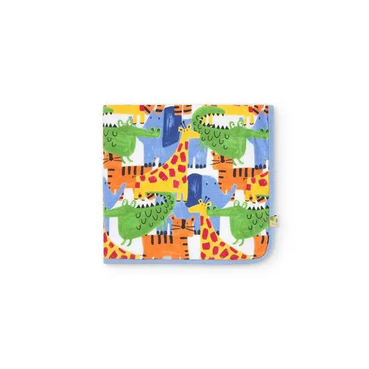 copertina neonato double face Boboli con stampa colorata di giraffe coccodrilli ed elefanti reversibile morbidissima per passeggino
