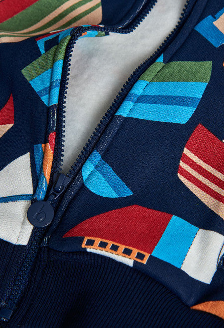 Felpa felpata stampato navi cappuccio rimuovibile bambino Boboli con zip e dettagli colorati