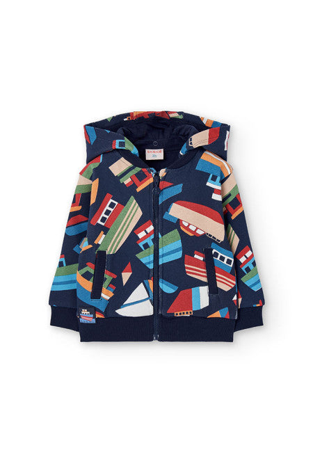 Felpa felpata stampato navi cappuccio rimuovibile bambino di Boboli con zip frontale colorata