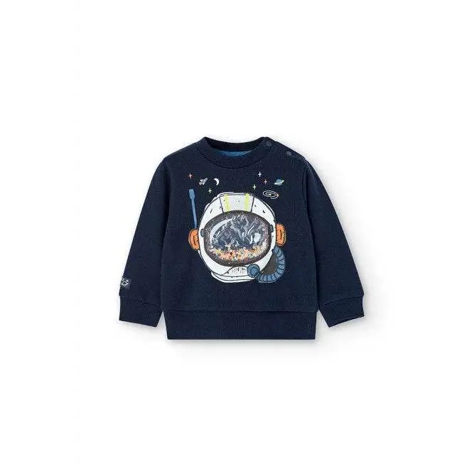 Felpa girocollo bambino boboli blu navy con stampa astronauta frontale maniche lunghe in cotone morbido