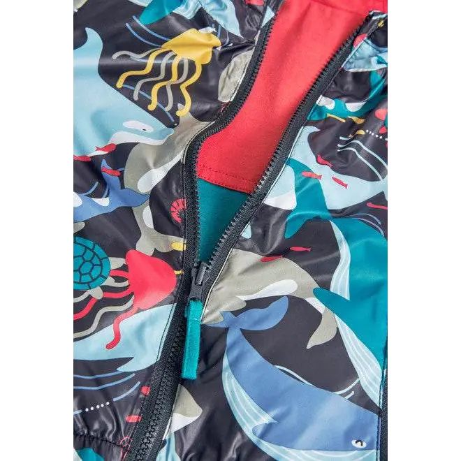 giubbotto reversibile bambino Boboli con stampa marina colorata zip frontale e fodera rossa per giornate piovose