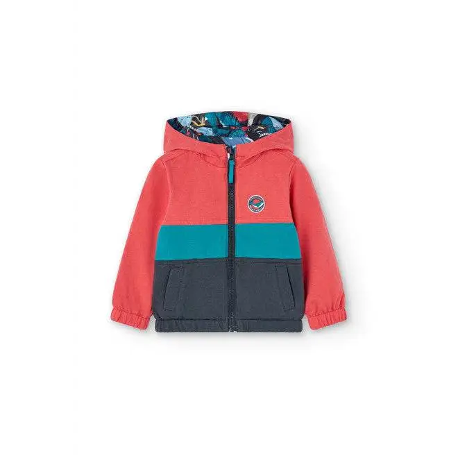 giubbotto reversibile bambino Boboli con cappuccio, zip frontale, tasche e fodera stampata, colori corallo turchese grigio