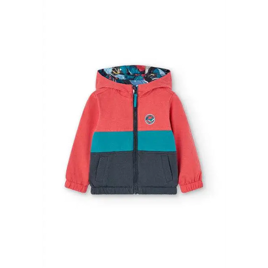 giubbotto reversibile bambino Boboli con cappuccio, zip frontale, tasche e fodera stampata, colori corallo turchese grigio