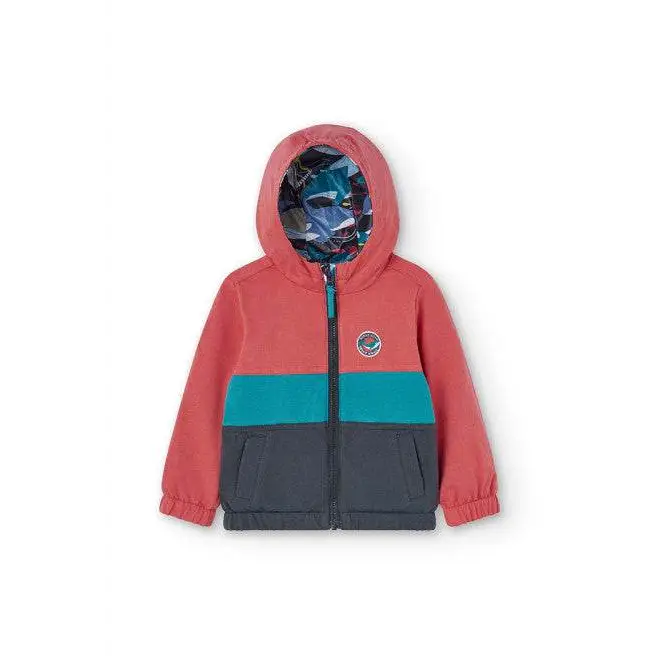 giubbotto reversibile bambino Boboli rosa corallo con fascia turchese tasche grigie e cappuccio foderato