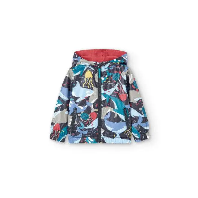 giubbotto reversibile bambino Boboli con cappuccio motivo animali marini interno rosso e zip
