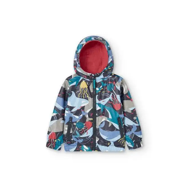 giubbotto reversibile bambino Boboli con cappuccio e zip stampa mare colorata fodera rossa ed elastici ai polsi