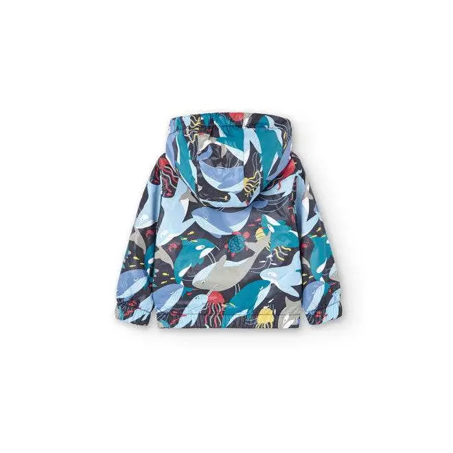 giubbotto reversibile bambino Boboli con motivo marino colorato cappuccio e polsini elastici vista retro